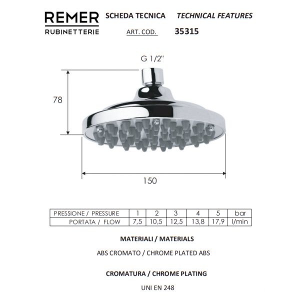 Лейка верхнего душа поворотная 150 мм круглая REMER 35315