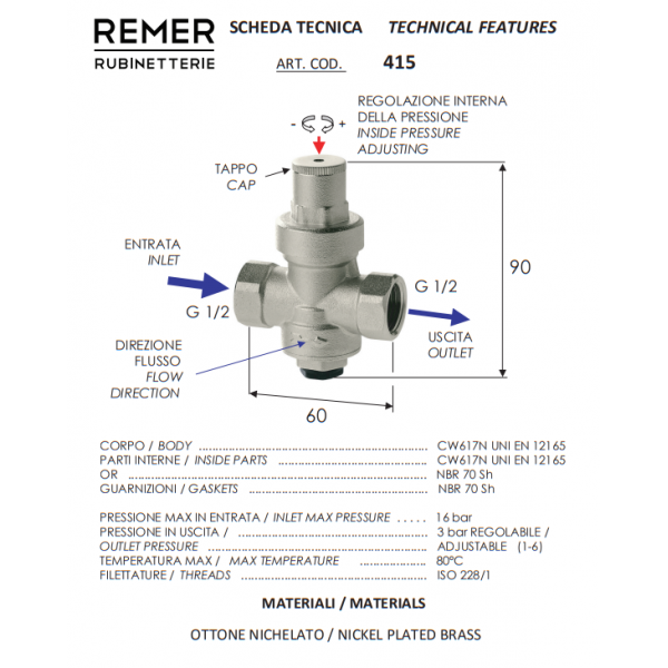 Редуктор тиску води 1/2" REMER 41512