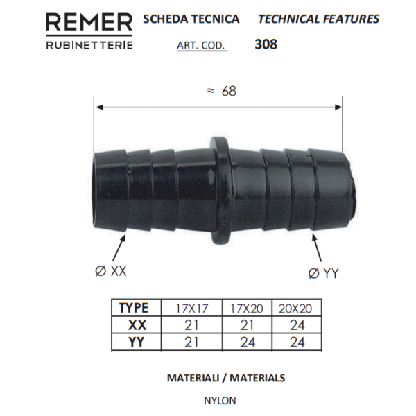 Соединение для сливного шланга 17 х 17 REMER 3081717