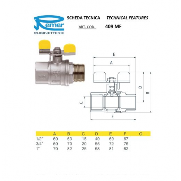 Кран кульовий для газу 1/2" внутрішнє-зовнішнє різблення REMER 409MF12