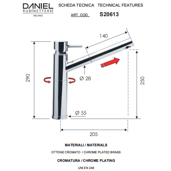 Змішувач для кухні з витяжною лійкою DANIEL S20613CR
