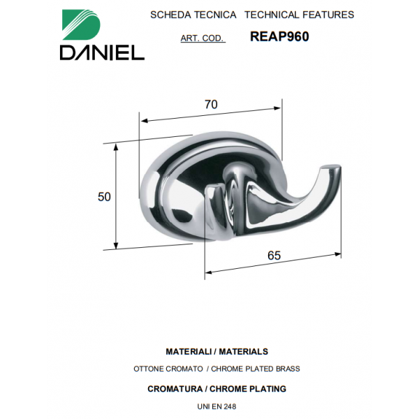Гачок для рушників подвійний латунний DANIEL REAP960NP