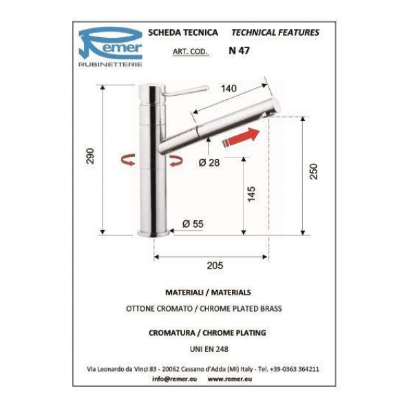 Змішувач для кухні з висувною лійкою REMER N47