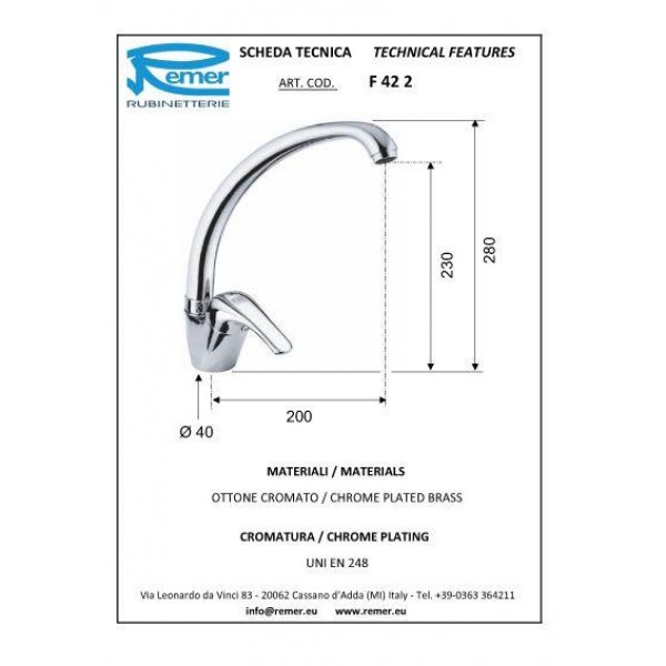 Змішувач для кухні одноважільний REMER F42