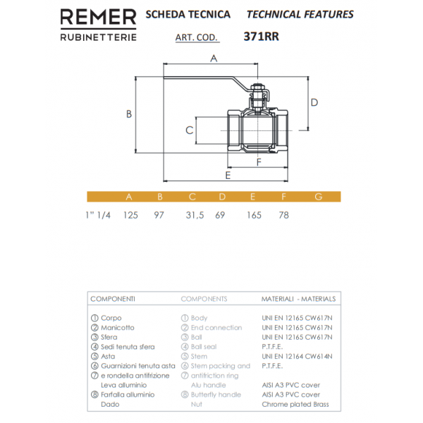 Кульовий кран 1 1/4" з внутрішнім різьбленням REMER 371RR114