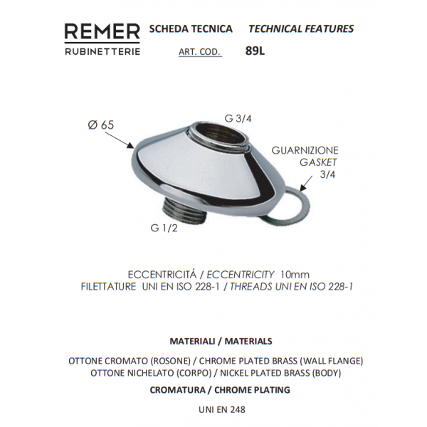 Эксцентрик для смесителя 1/2" х 3/4" с декоративной чашкой REMER 89L