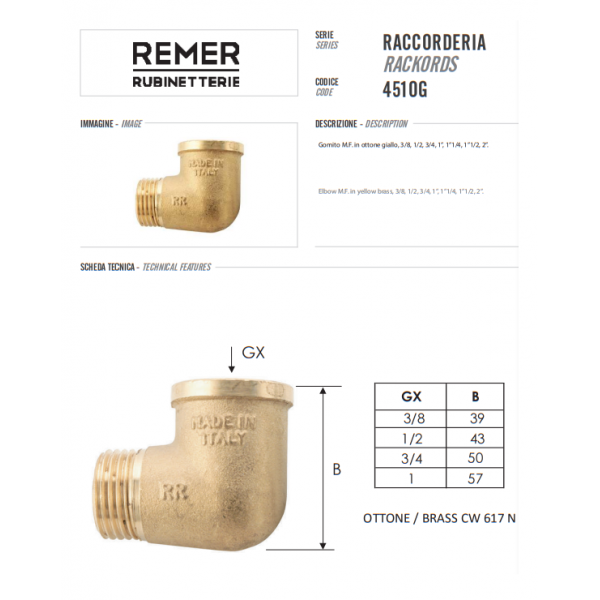 Кутник 3/4" х 3/4" внутрішнє-зовнішнє різблення REMER 451OG34