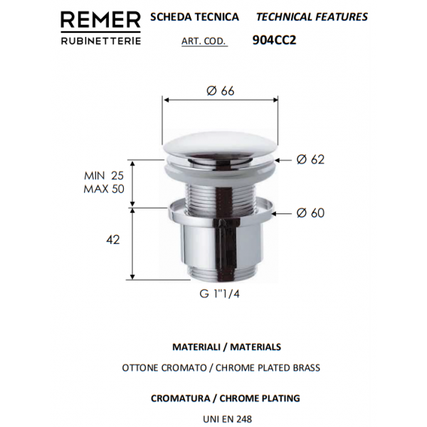 Донний клапан для раковини 1 1/4" click-clack без переливу REMER 904CC2114