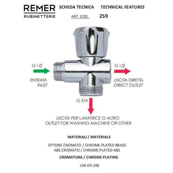 Кран трехходовой для стиральной машины 1/2" х 1/2" х 3/4" REMER 259