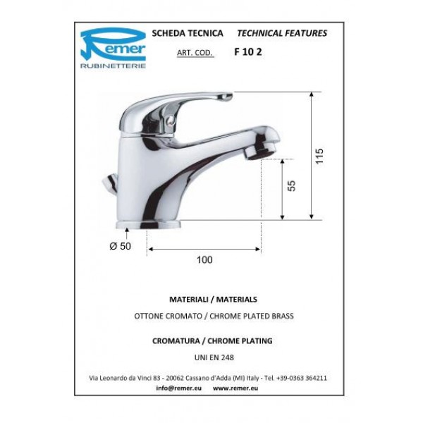 Смеситель для умывальника c донным клапаном REMER F10