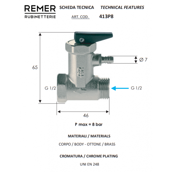 Запобіжний клапан для водонагрівачів 1/2" 8 атмосфер REMER 413P812