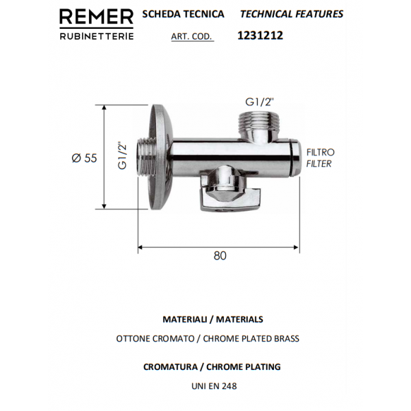 Кран приборный угловой с фильтром 1/2" х 1/2" REMER 1231212