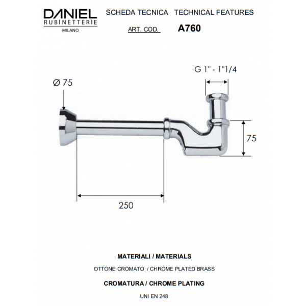 Сифон для умывальника латунь хром DANIEL A760