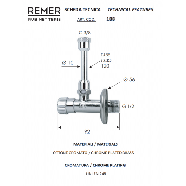 Кран для сливного бачка 1/2" REMER 188 Кран для сливного бачка 1/2" REMER 188