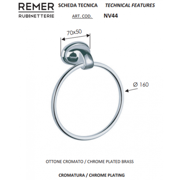 Тримач для рушників кільце латунний REMER NV44