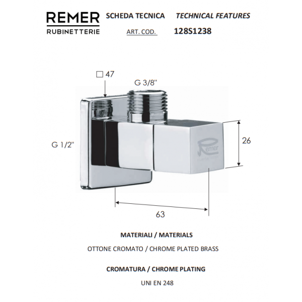 Кран приборный угловой 1/2" х 3/8" REMER 128S1238 Кран приборный угловой 1/2" х 3/8" REMER 128S1238