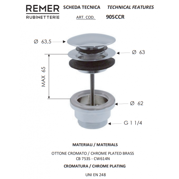 Донный клапан для раковины 1 1/4" click-clack с переливом REMER 905CCR114