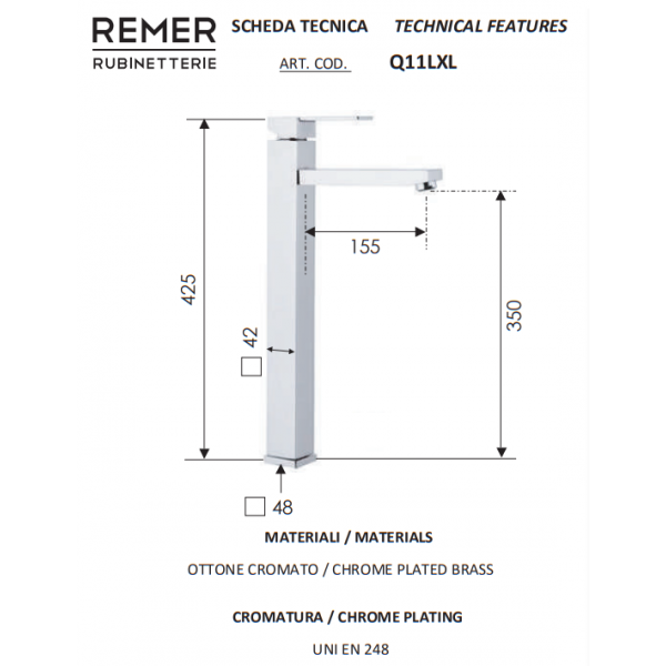 Смеситель для раковины 42,5 см без донного клапана REMER Q11LXL