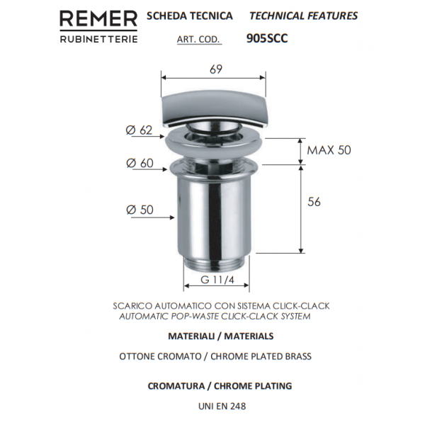 Донний клапан для раковини 1 1/4" click-clack з переливом REMER 905SCC114