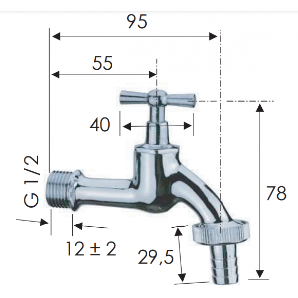 Кран для полива 1/2" вентиль REMER 200T12 хромированная латунь
