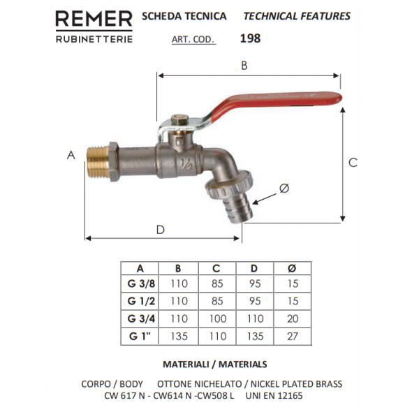 Шаровой кран поливочный 1/2" REMER 19812