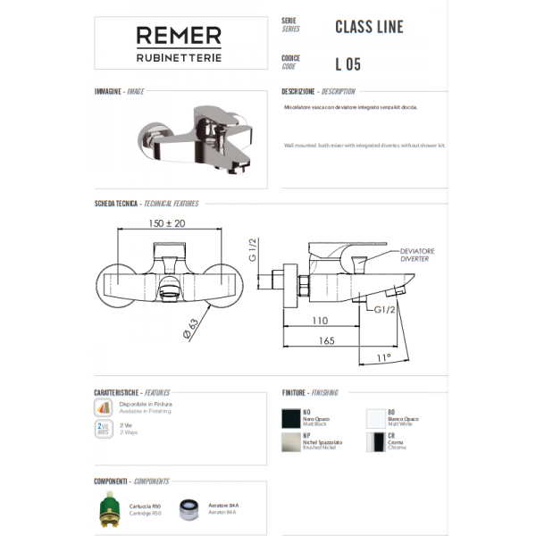 Смеситель для ванны с переключателем REMER L05