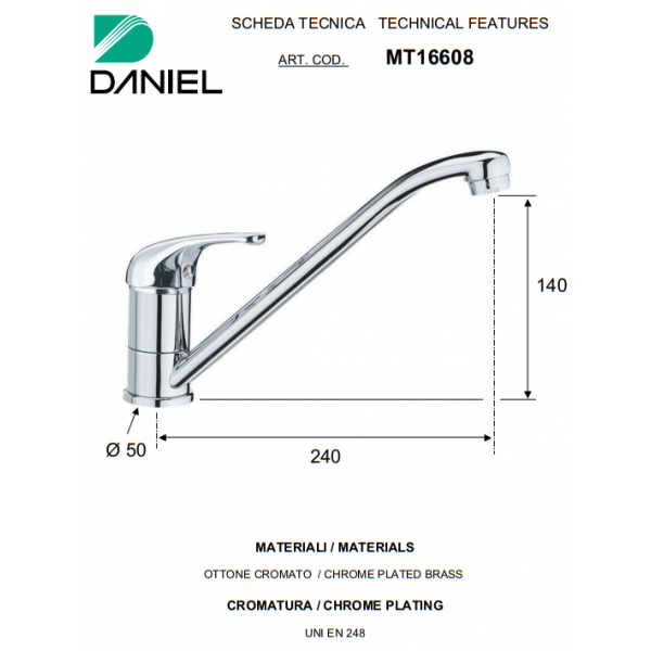 Змішувач для кухні одноважільний DANIEL MT16608CR