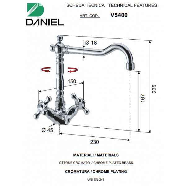 Змішувач для раковини з донним клапаном двоважільний DANIEL V540064 мідь