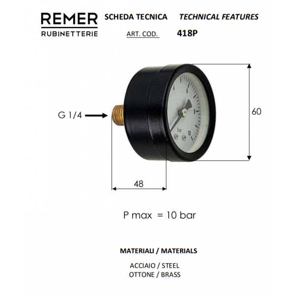 Манометр с задним выходом 1/4" REMER 418P