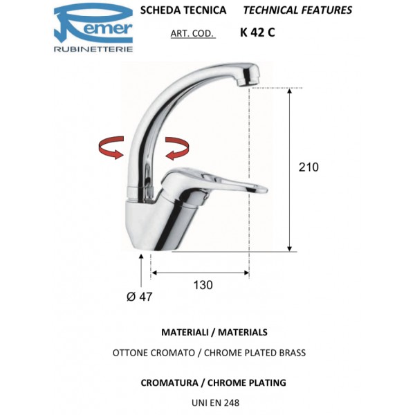 Змішувач для кухні одноважільний REMER K42C Змішувач для кухні одноважільний REMER K42C