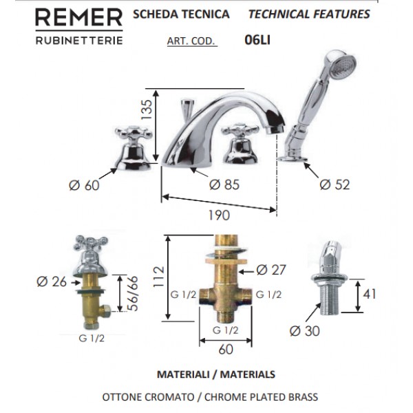 Змішувач бортовий для ванни з душем REMER 06LI ретро