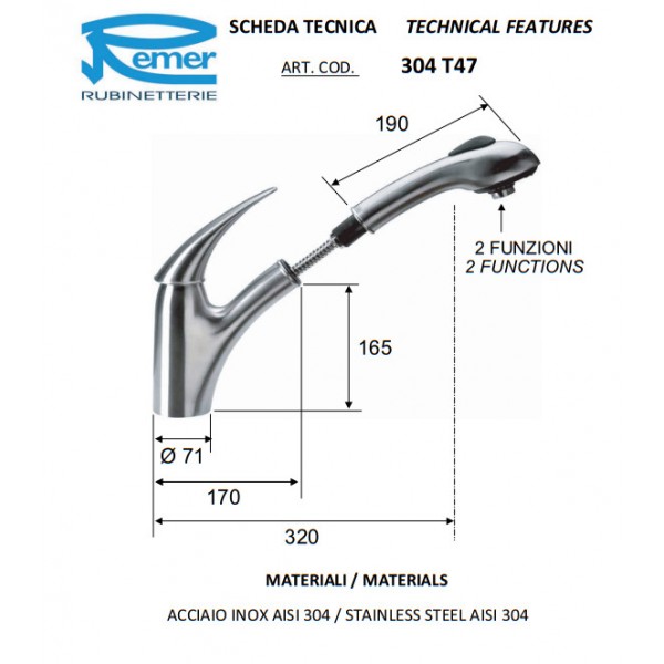Змішувач для кухні з висувною лійкою Remer 304T47