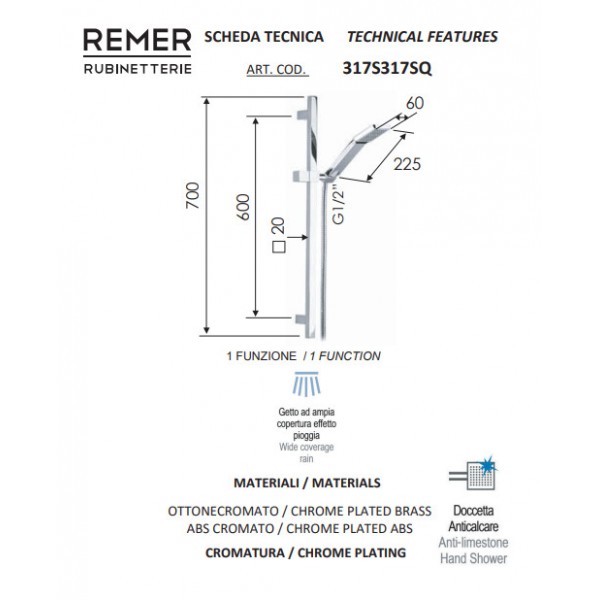 Стойка для душа 70 см REMER 317S317SQ Стойка для душа 70 см REMER 317S317SQ