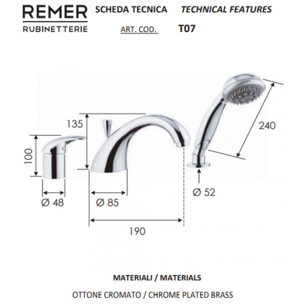 Змішувач бортовий для ванни з душем REMER T07