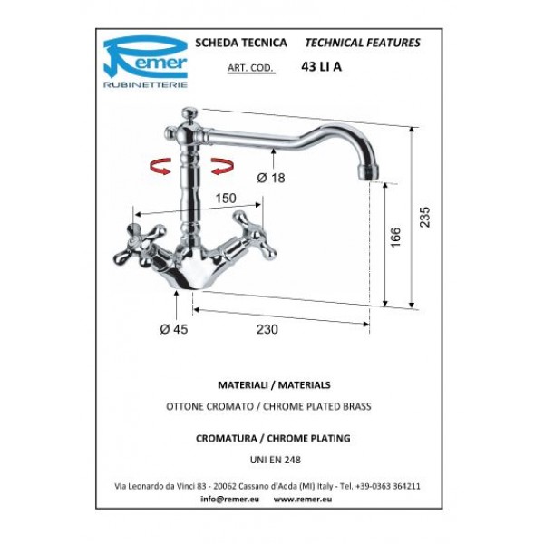 Змішувач для кухні двохвентильний REMER 43LIA ретро