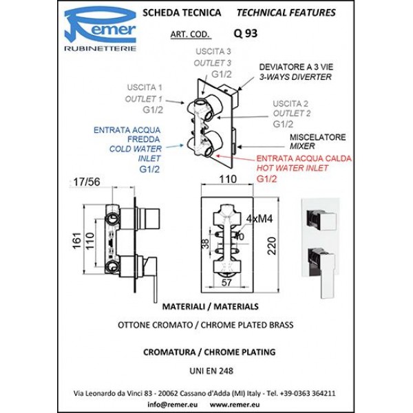 Змішувач для душу прихованого монтажу на 3 споживачі REMER Q93