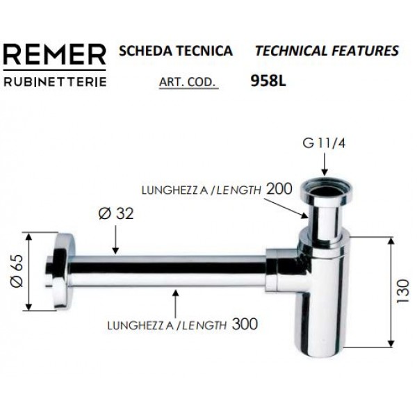Сифон для раковини латунь хром REMER 958L