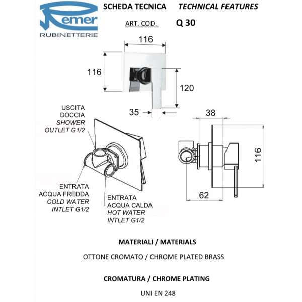 Змішувач для душу прихованого монтажу квадратний REMER Q30