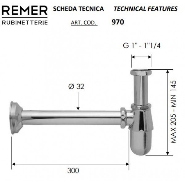 Сифон для раковини латунь хром REMER 970114