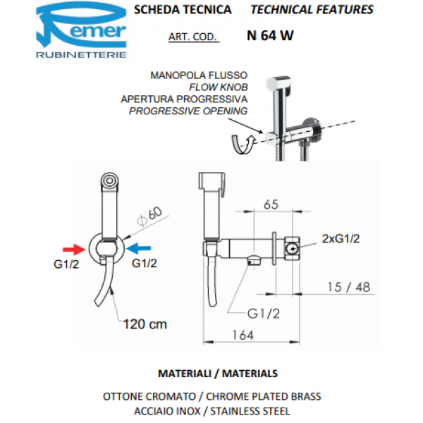 Гігієнічний душ з прогресивним змішувачем прихованого монтажу REMER N64W