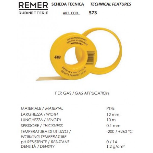 Стрічка фум для газу 12мм х 10м х 0,1 мм REMER 573