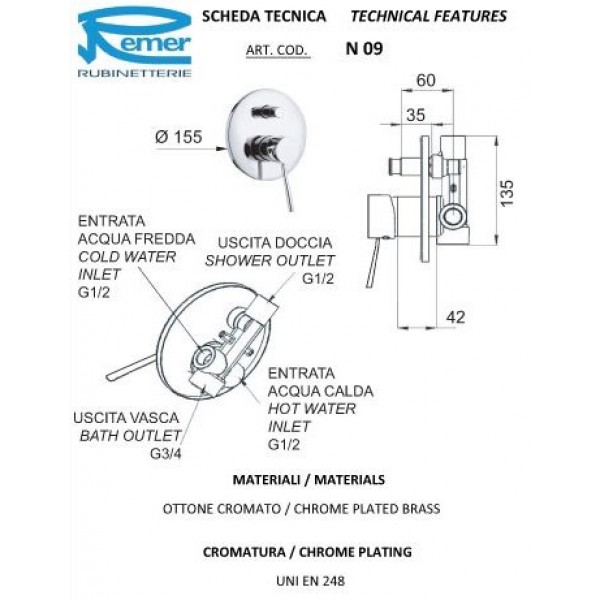Змішувач для душу прихованого монтажу з перемикачем REMER N09