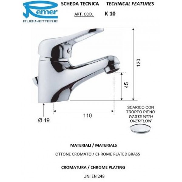 Змішувач для раковини c донним клапаном REMER K10