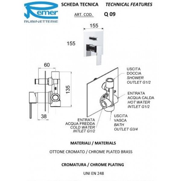 Змішувач для душу прихованого монтажу квадратний з перемикачем REMER Q09