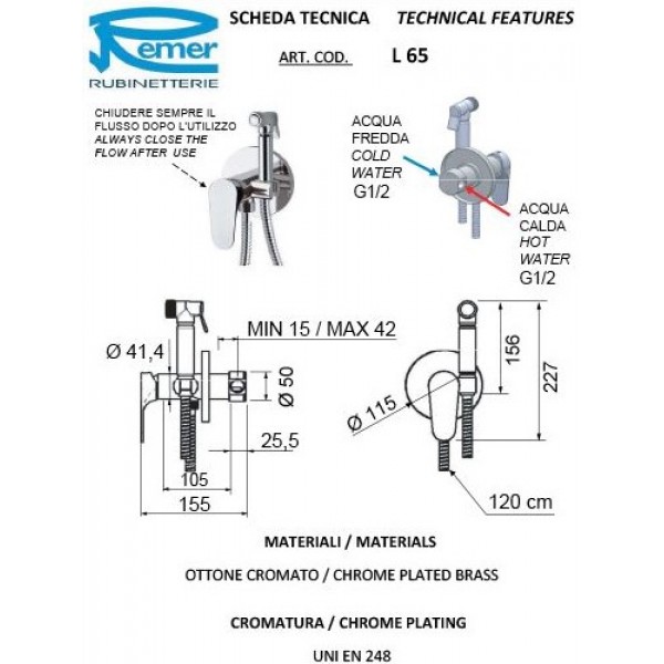 Гігієнічний душ зі змішувачем прихованого монтажу REMER L65
