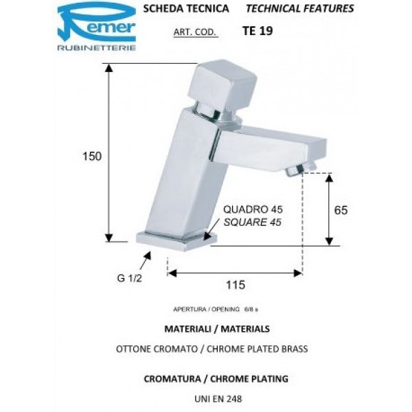Кран дозатор для умывальника нажимной квадратный REMER TE19