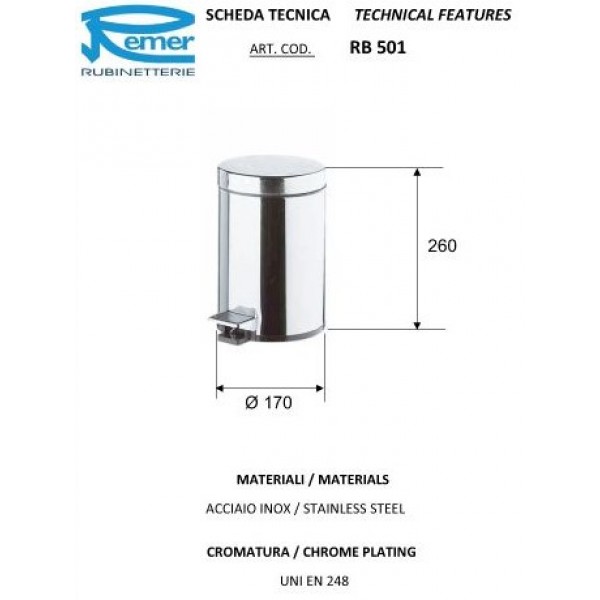 Мусорное ведро 3 л нержавеющая сталь REMER RB501