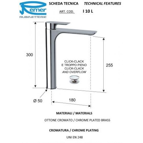 Змішувач для раковини з донним клапаном click-clack REMER I10L