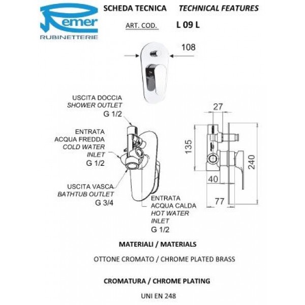 Змішувач для душу прихованого монтажу REMER L09L