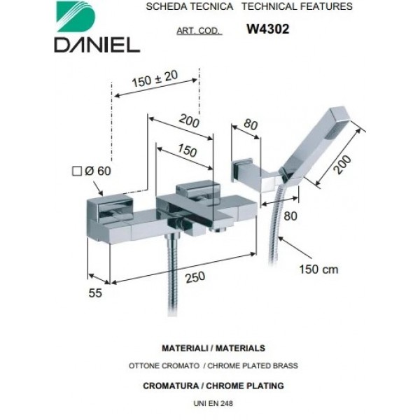 Смеситель для ванны с душем квадратный DANIEL W4302DO золото